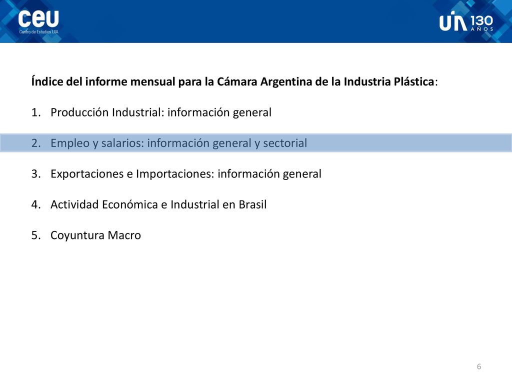 Índice del informe mensual para la Cámara Argentina de la Industria Plástica: