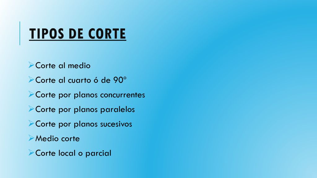 Tipos de Corte Corte al medio Corte al cuarto ó de 90º