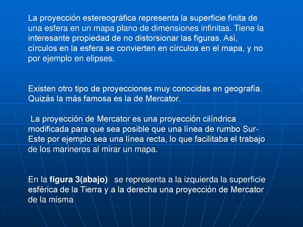 La proyección estereográfica representa la superficie finita de una esfera en un mapa plano de dimensiones infinitas. Tiene la interesante propiedad de no distorsionar las figuras. Así, círculos en la esfera se convierten en círculos en el mapa, y no por ejemplo en elipses.
