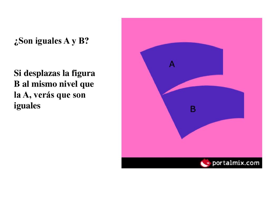¿Son iguales A y B Si desplazas la figura B al mismo nivel que la A, verás que son iguales