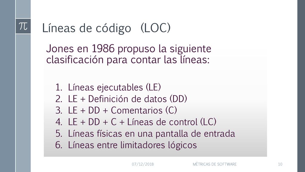 Líneas de código (LOC) Jones en 1986 propuso la siguiente clasificación para contar las líneas: Líneas ejecutables (LE)