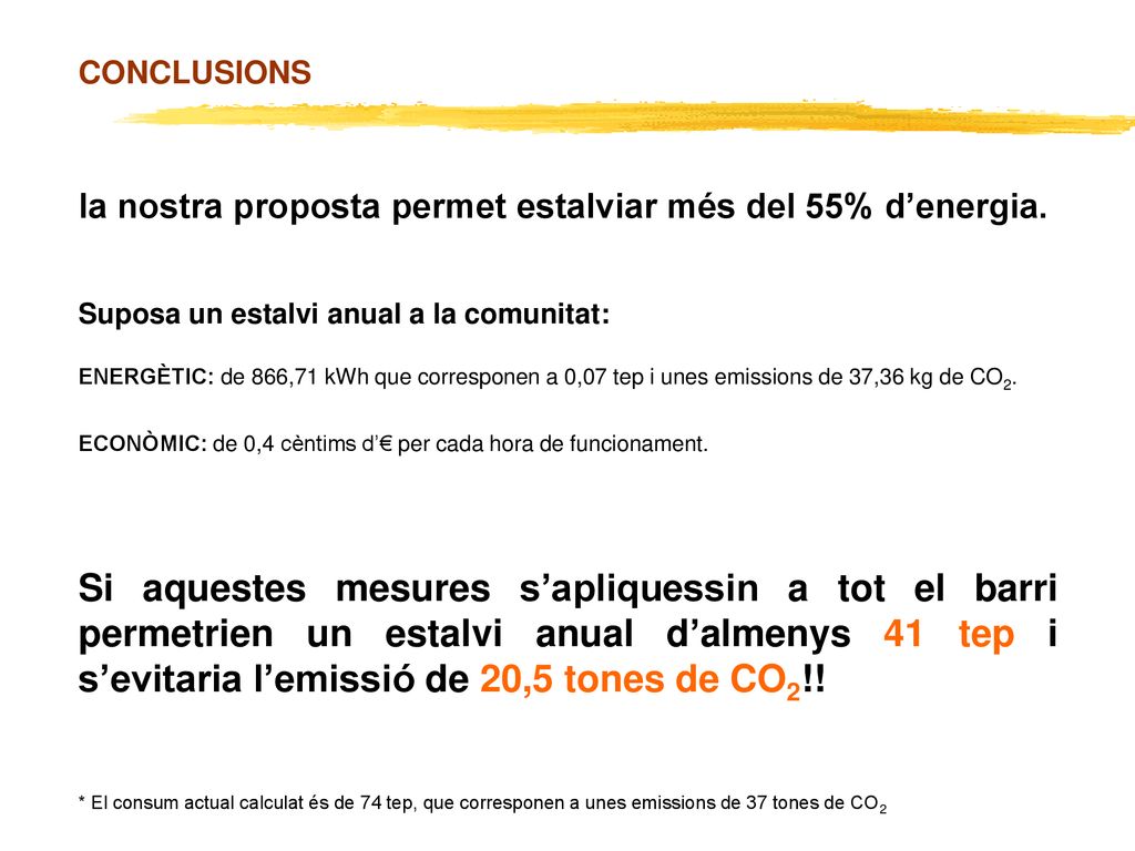CONCLUSIONS la nostra proposta permet estalviar més del 55% d’energia. Suposa un estalvi anual a la comunitat: