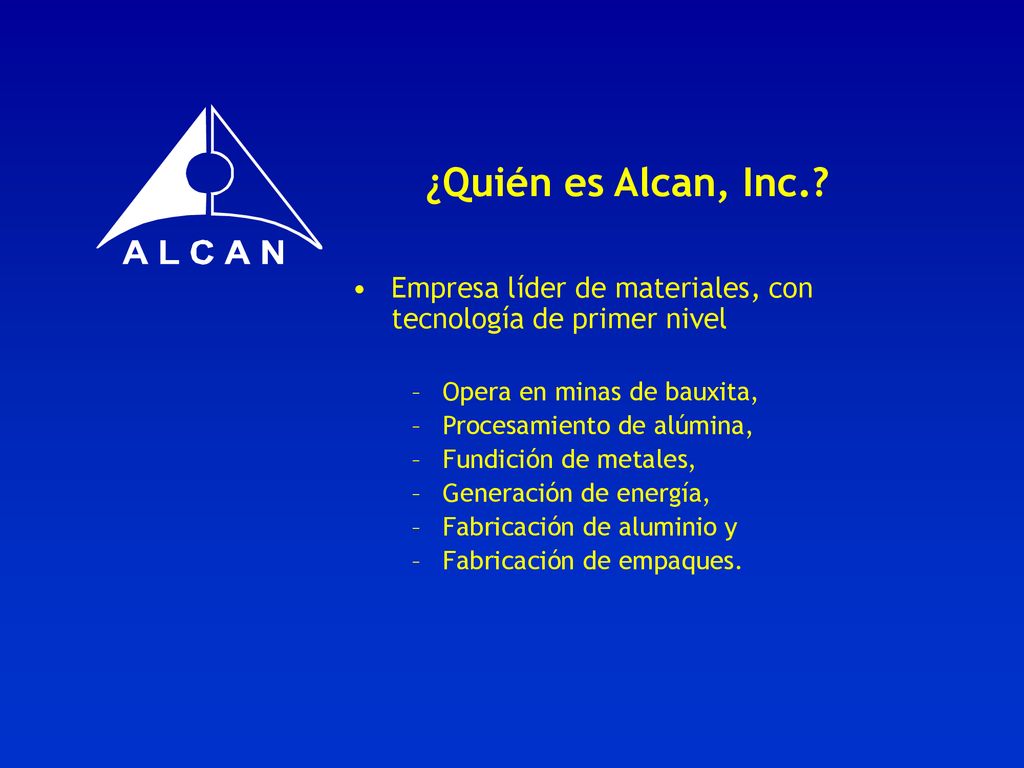¿Quién es Alcan, Inc. Empresa líder de materiales, con tecnología de primer nivel. Opera en minas de bauxita,