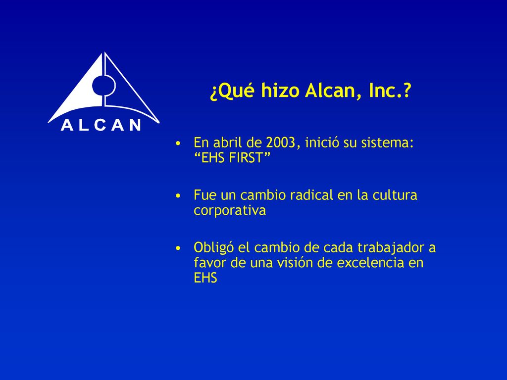 ¿Qué hizo Alcan, Inc. En abril de 2003, inició su sistema: EHS FIRST Fue un cambio radical en la cultura corporativa.