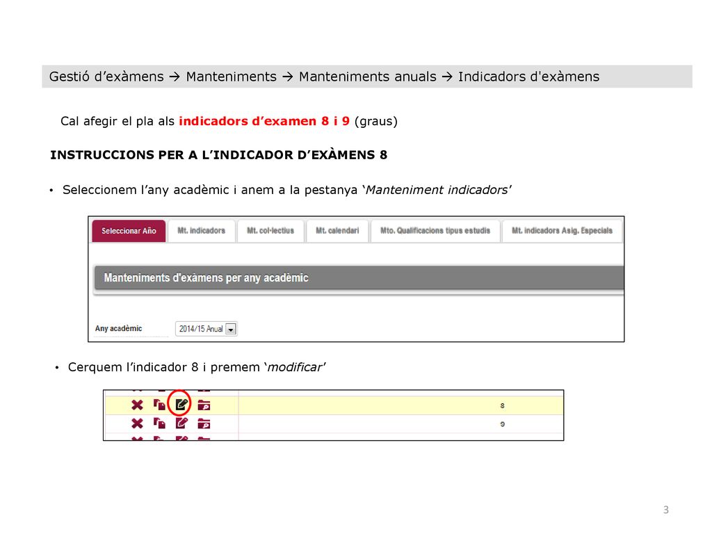 Gestió d’exàmens  Manteniments  Manteniments anuals  Indicadors d exàmens