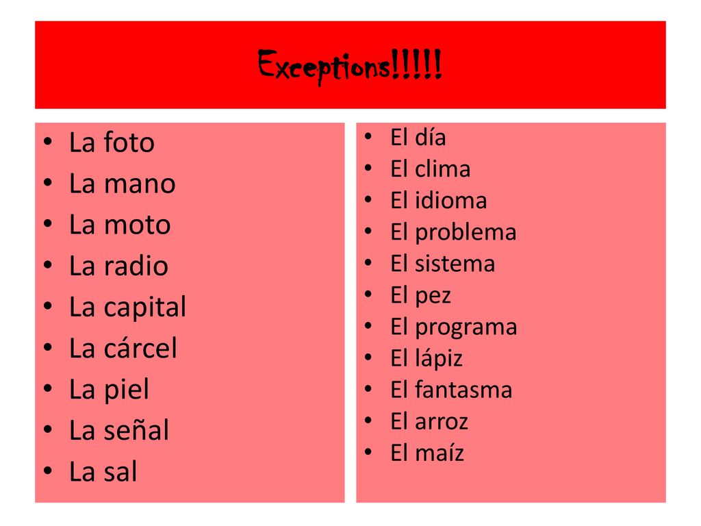 Exceptions!!!!! La foto La mano La moto La radio La capital La cárcel