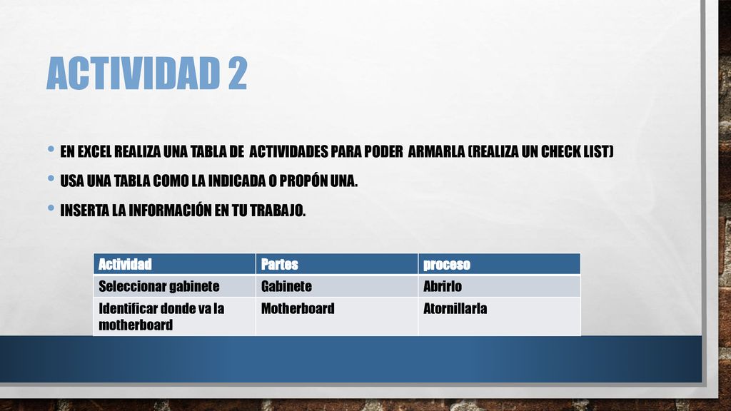 Actividad 2 En Excel realiza una tabla de actividades para poder armarla (realiza un check list) Usa una tabla como la indicada o propón una.