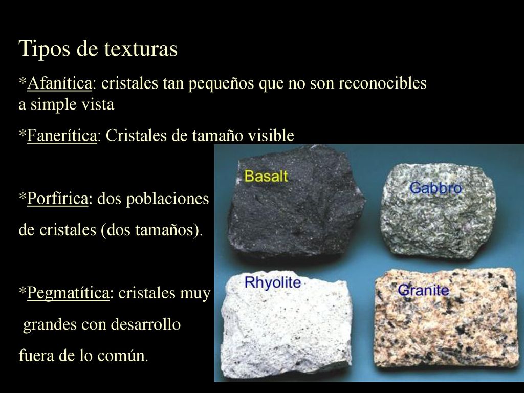 Tipos de texturas *Afanítica: cristales tan pequeños que no son reconocibles a simple vista. *Fanerítica: Cristales de tamaño visible.