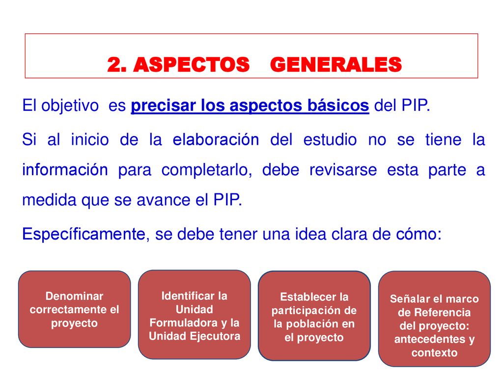 2. ASPECTOS GENERALES El objetivo es precisar los aspectos básicos del PIP.