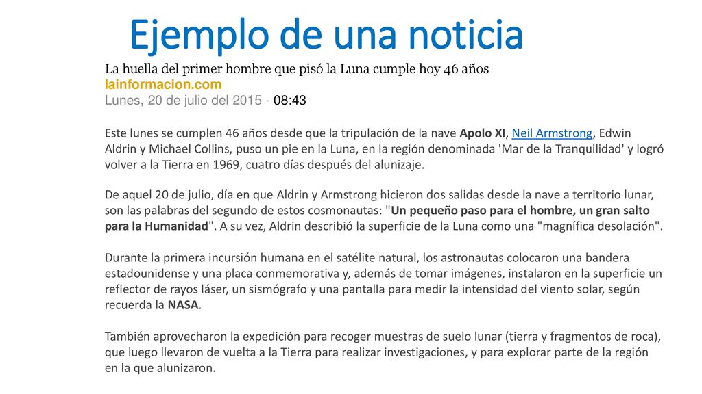Ejemplo de una noticia La huella del primer hombre que pisó la Luna cumple hoy 46 años. lainformacion.com.