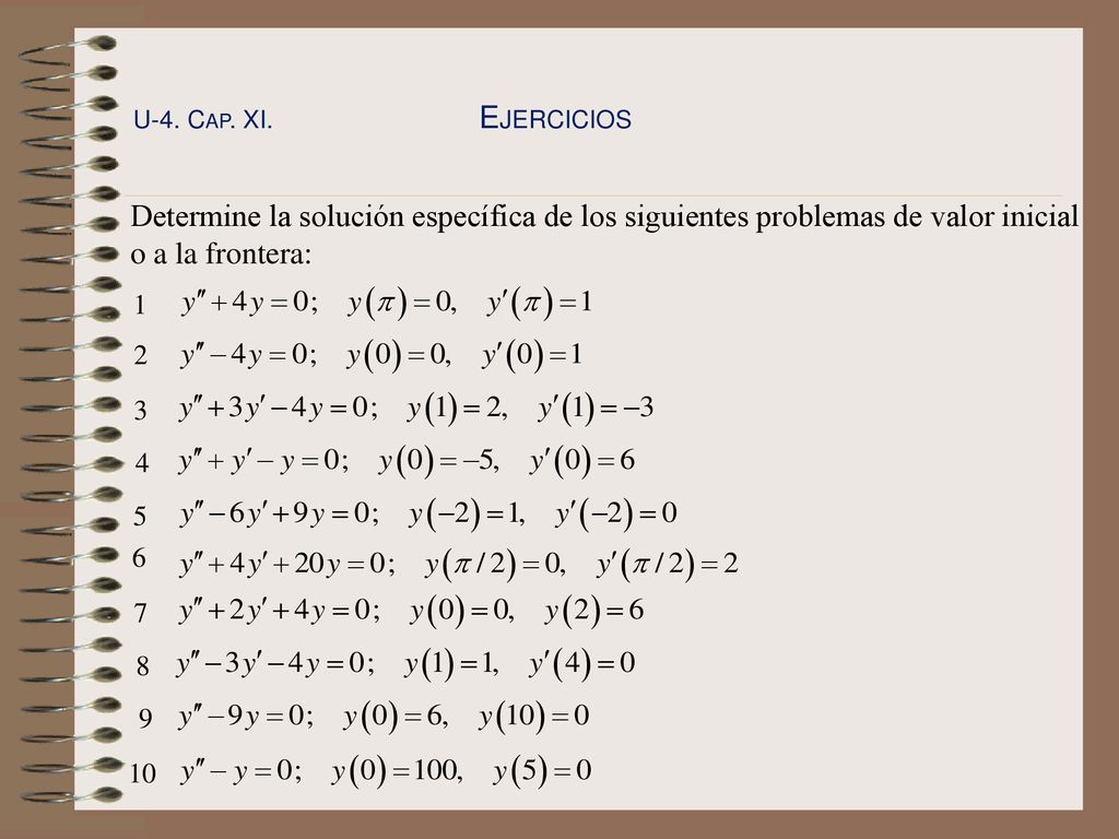 U-4. Cap. XI. Ejercicios Determine la solución específica de los siguientes problemas de valor inicial o a la frontera: