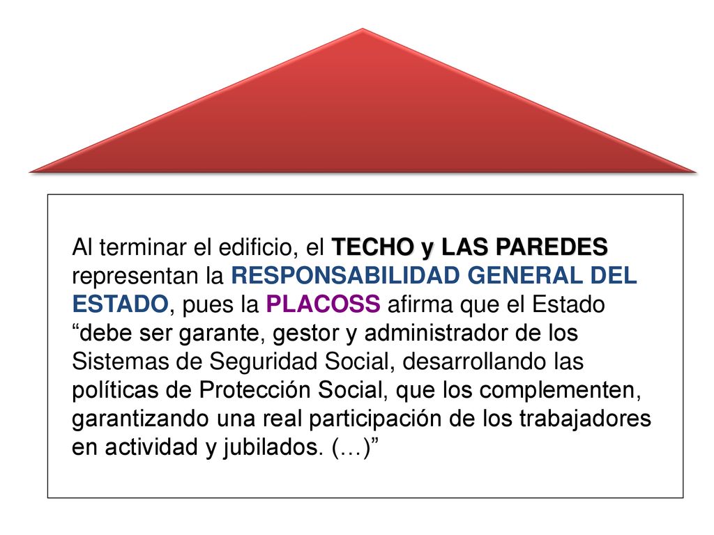 Al terminar el edificio, el TECHO y LAS PAREDES representan la RESPONSABILIDAD GENERAL DEL ESTADO, pues la PLACOSS afirma que el Estado debe ser garante, gestor y administrador de los Sistemas de Seguridad Social, desarrollando las políticas de Protección Social, que los complementen, garantizando una real participación de los trabajadores en actividad y jubilados. (…)