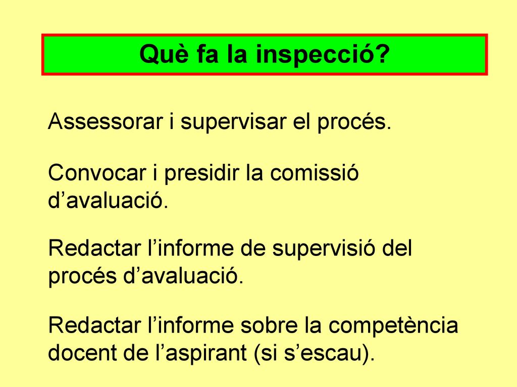 Què fa la inspecció Assessorar i supervisar el procés.