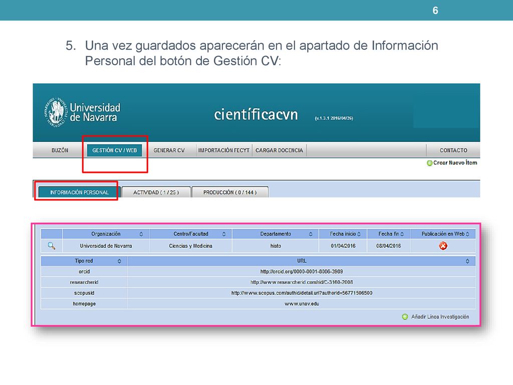 Una vez guardados aparecerán en el apartado de Información Personal del botón de Gestión CV: