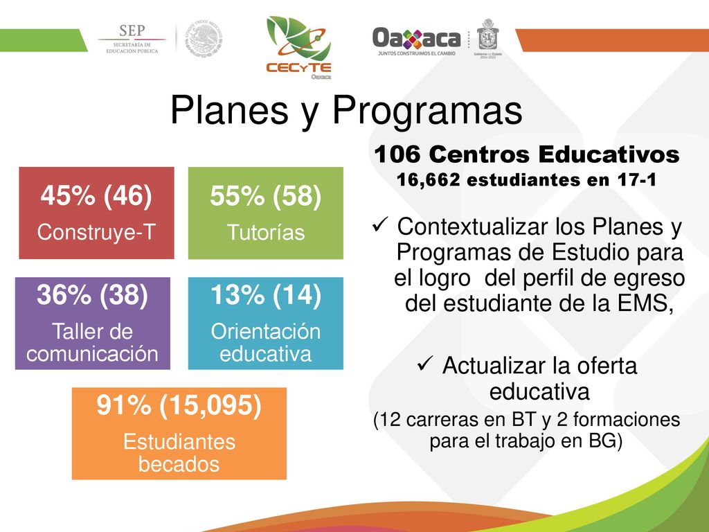 Planes y Programas 45% (46) 55% (58) 36% (38) 13% (14) 91% (15,095)