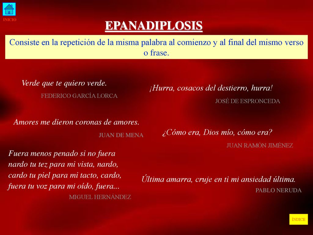 INICIO EPANADIPLOSIS. Consiste en la repetición de la misma palabra al comienzo y al final del mismo verso o frase.