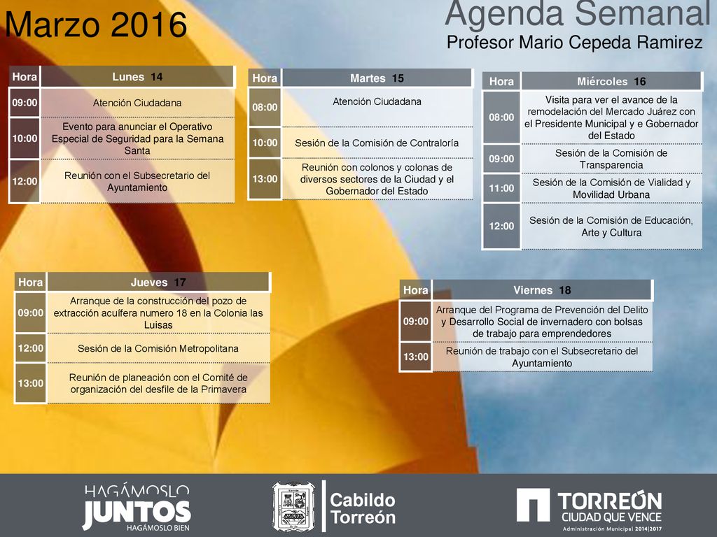 Agenda Semanal Marzo 2016 Profesor Mario Cepeda Ramirez Cabildo