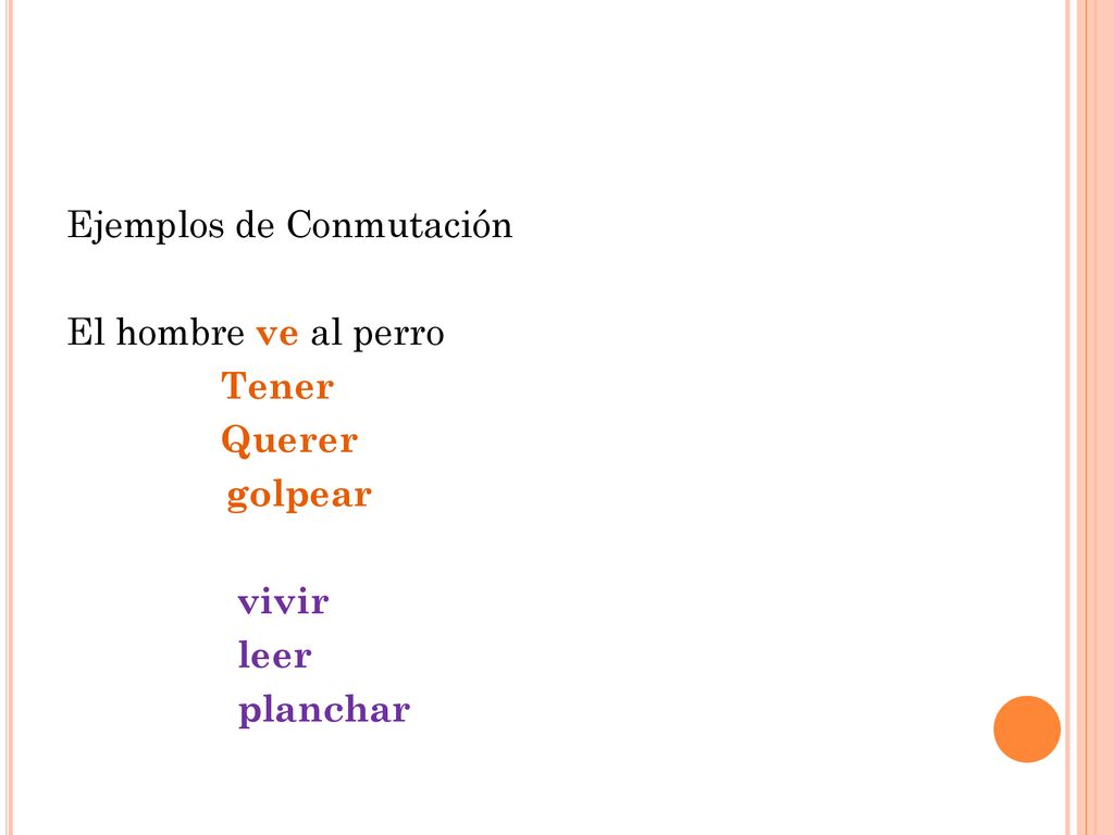 Ejemplos de Conmutación El hombre ve al perro Tener Querer golpear vivir leer planchar
