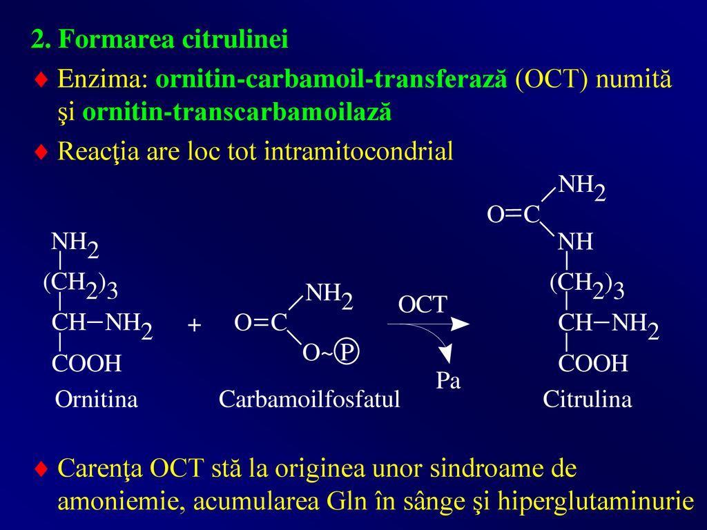2. Formarea citrulinei Enzima: ornitin-carbamoil-transferază (OCT) numită şi ornitin-transcarbamoilază.