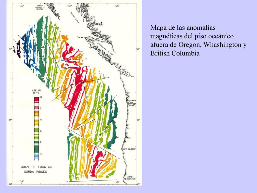 Mapa de las anomalías magnéticas del piso oceánico afuera de Oregon, Whashington y British Columbia