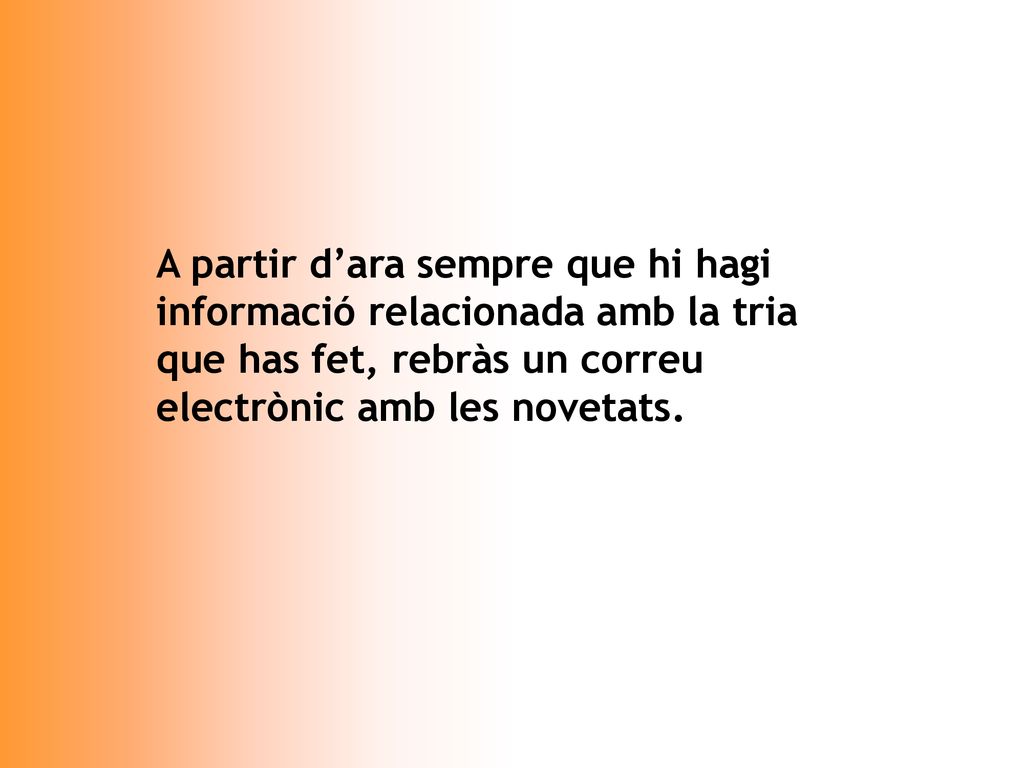 A partir d’ara sempre que hi hagi informació relacionada amb la tria que has fet, rebràs un correu electrònic amb les novetats.