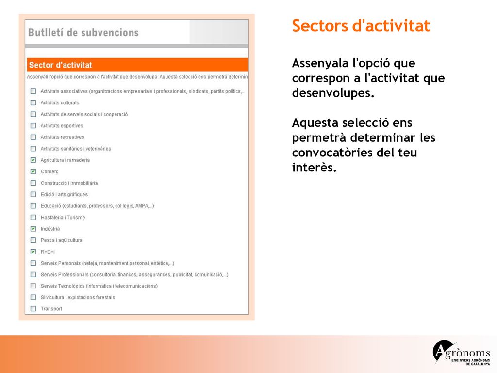 Sectors d activitat Assenyala l opció que correspon a l activitat que desenvolupes.