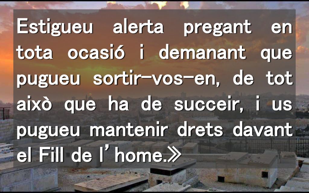 Estigueu alerta pregant en tota ocasió i demanant que pugueu sortir-vos-en, de tot això que ha de succeir, i us pugueu mantenir drets davant el Fill de l’home.»