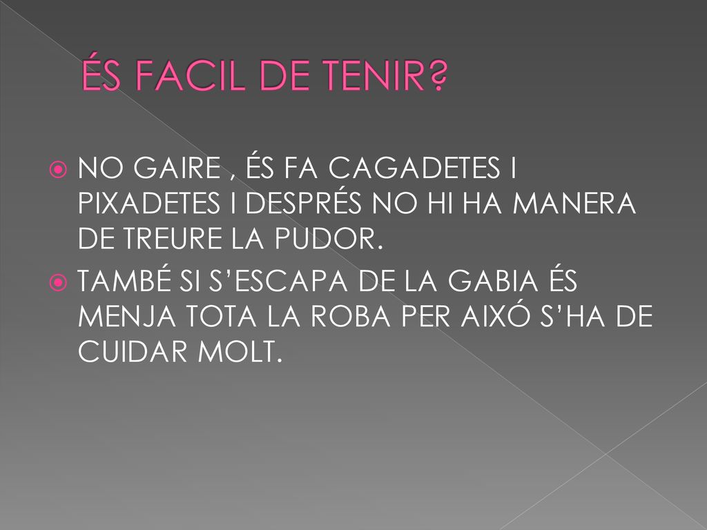 ÉS FACIL DE TENIR NO GAIRE , ÉS FA CAGADETES I PIXADETES I DESPRÉS NO HI HA MANERA DE TREURE LA PUDOR.