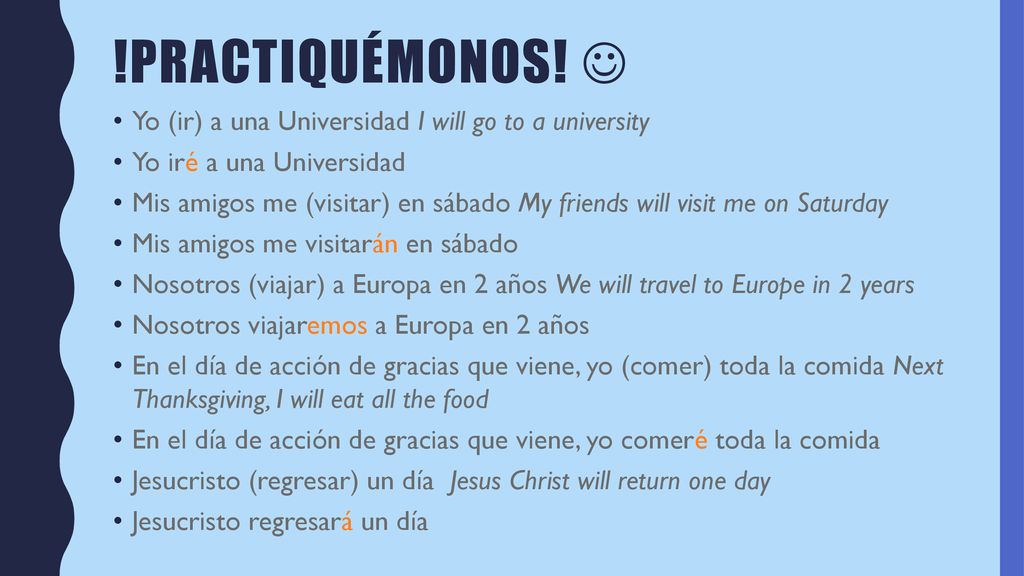 !Practiquémonos!  Yo (ir) a una Universidad I will go to a university