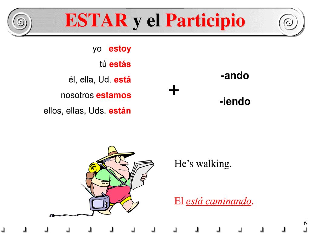 ESTAR y el Participio + -ando -iendo He’s walking. El está caminando.