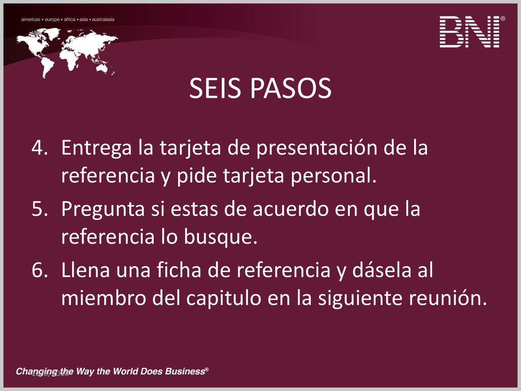 SEIS PASOS Entrega la tarjeta de presentación de la referencia y pide tarjeta personal. Pregunta si estas de acuerdo en que la referencia lo busque.