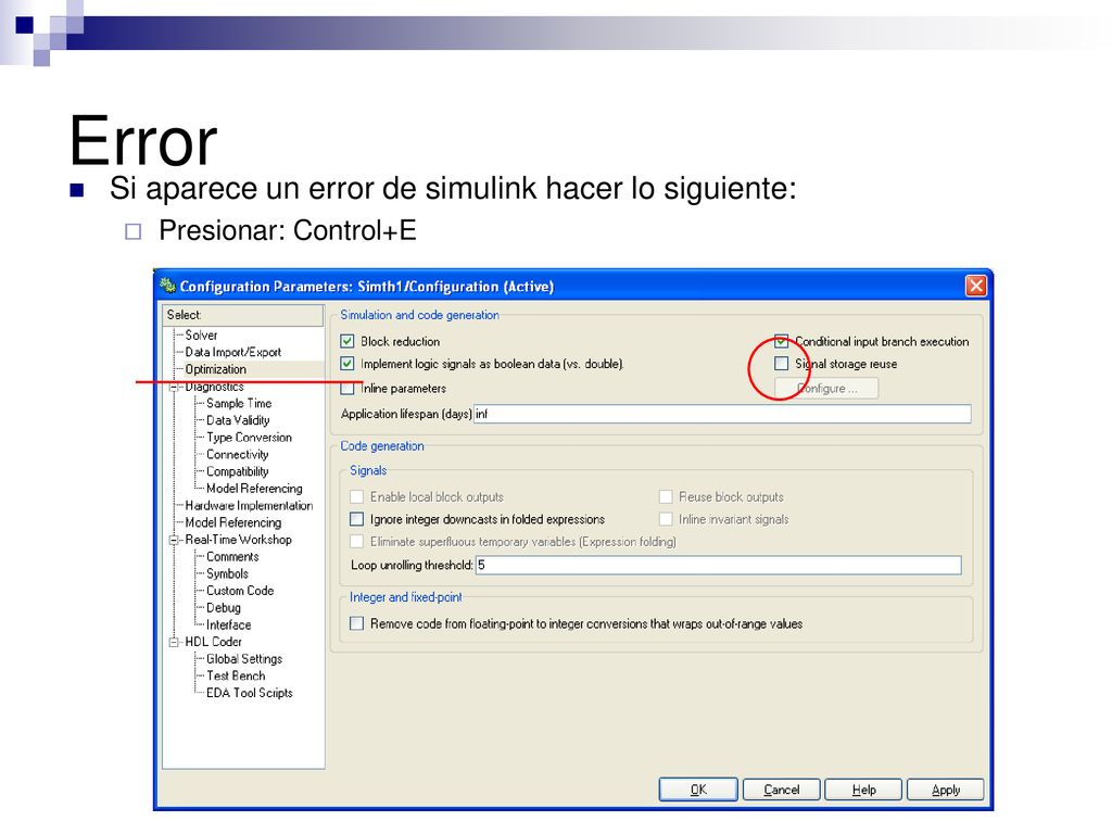 Error Si aparece un error de simulink hacer lo siguiente: