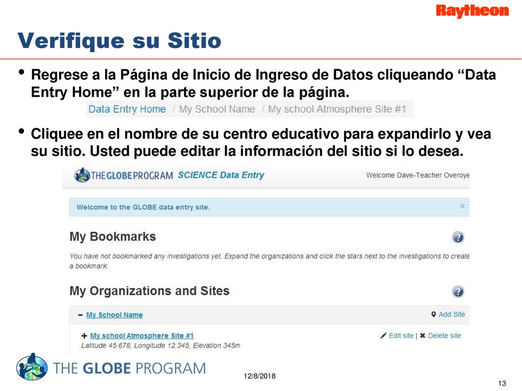 Verifique su Sitio Regrese a la Página de Inicio de Ingreso de Datos cliqueando Data Entry Home en la parte superior de la página.