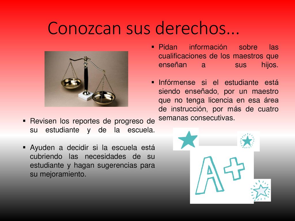 Conozcan sus derechos... Pidan información sobre las cualificaciones de los maestros que enseñan a sus hijos.