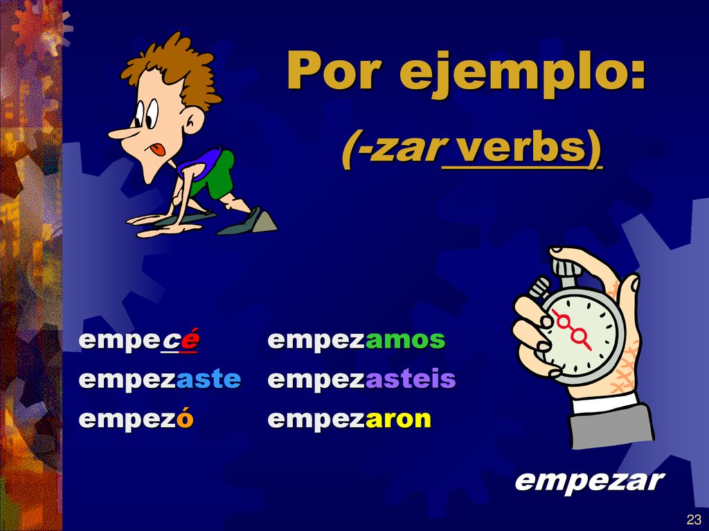 Por ejemplo: (-zar verbs) empezar empecé empezaste empezó empezamos