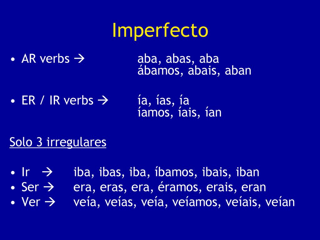 Imperfecto AR verbs  aba, abas, aba ábamos, abais, aban