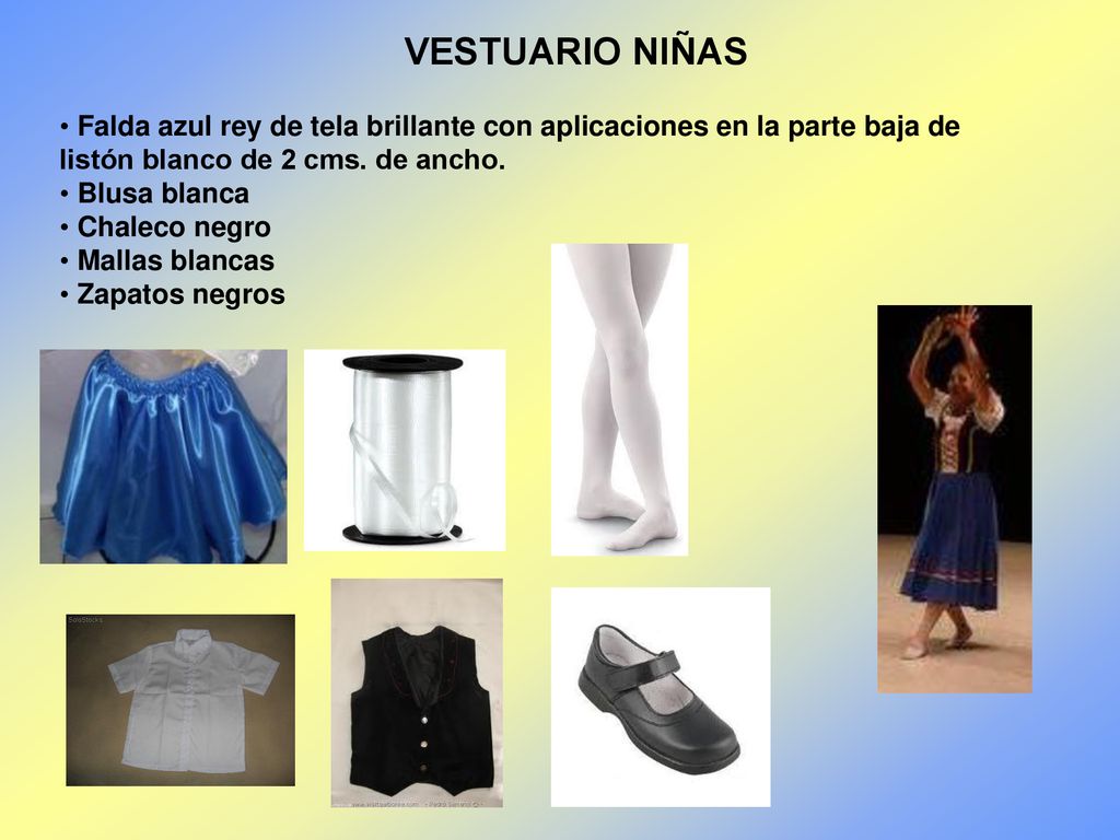 VESTUARIO NIÑAS Falda azul rey de tela brillante con aplicaciones en la parte baja de listón blanco de 2 cms. de ancho.