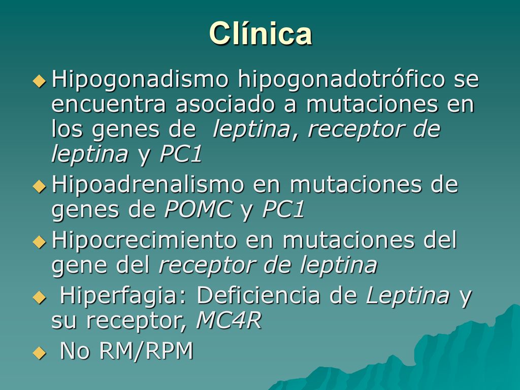 Clínica Hipogonadismo hipogonadotrófico se encuentra asociado a mutaciones en los genes de leptina, receptor de leptina y PC1.