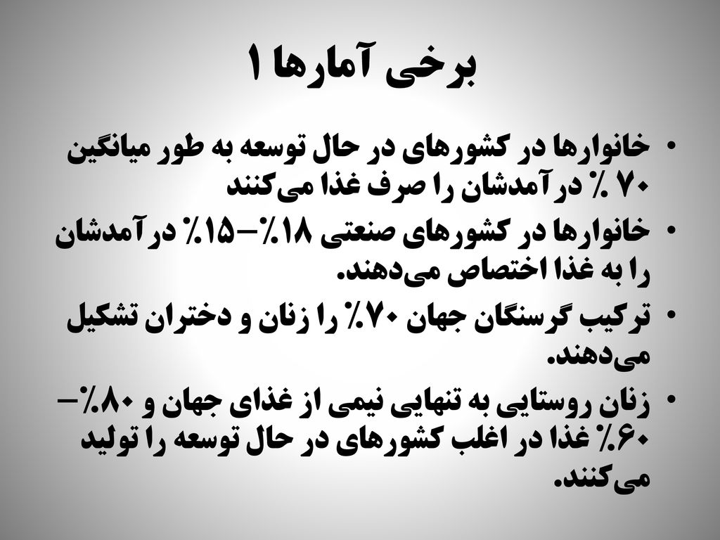 برخي آمارها 1 خانوارها در کشورهای در حال توسعه به طور میانگین 70 % درآمدشان را صرف غذا می‌کنند.