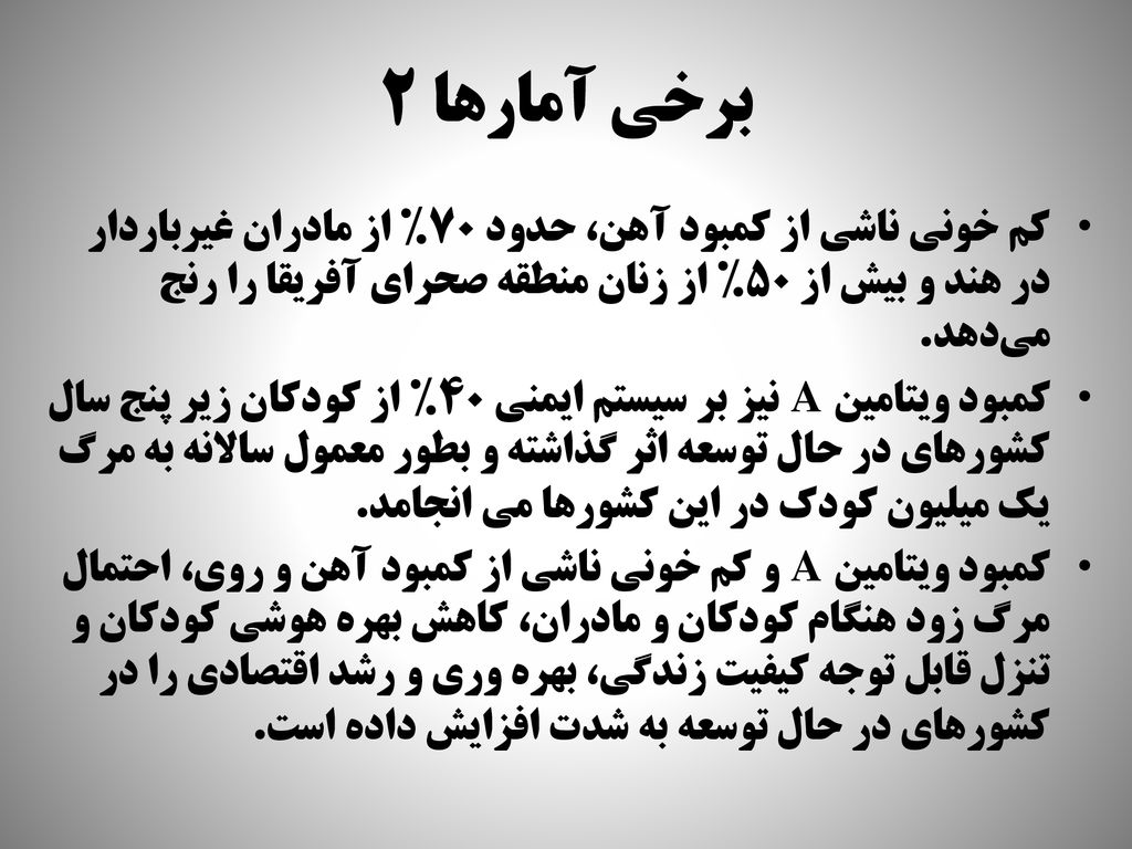 برخي آمارها 2 كم خوني ناشي از كمبود آهن، حدود 70% از مادران غيرباردار در هند و بيش از 50% از زنان منطقه صحراي آفريقا را رنج مي‌دهد.