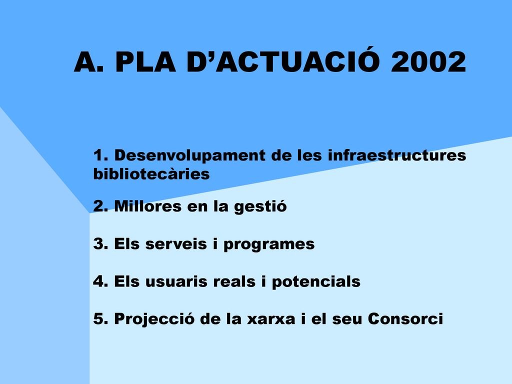 A. PLA D’ACTUACIÓ Desenvolupament de les infraestructures bibliotecàries. 2. Millores en la gestió.