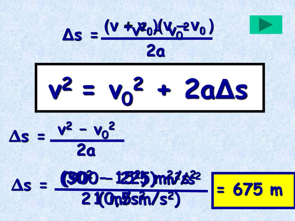 v2 = v02 + 2aΔs (v + v0) (v – v0 ) v2 – v02 Δs = 2a Δs = v2 – v02 2a
