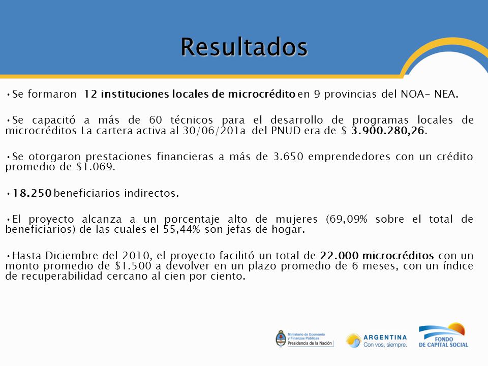 Resultados Se formaron 12 instituciones locales de microcrédito en 9 provincias del NOA- NEA.