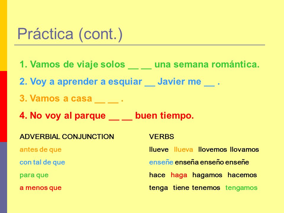 Práctica (cont.) Vamos de viaje solos __ __ una semana romántica.