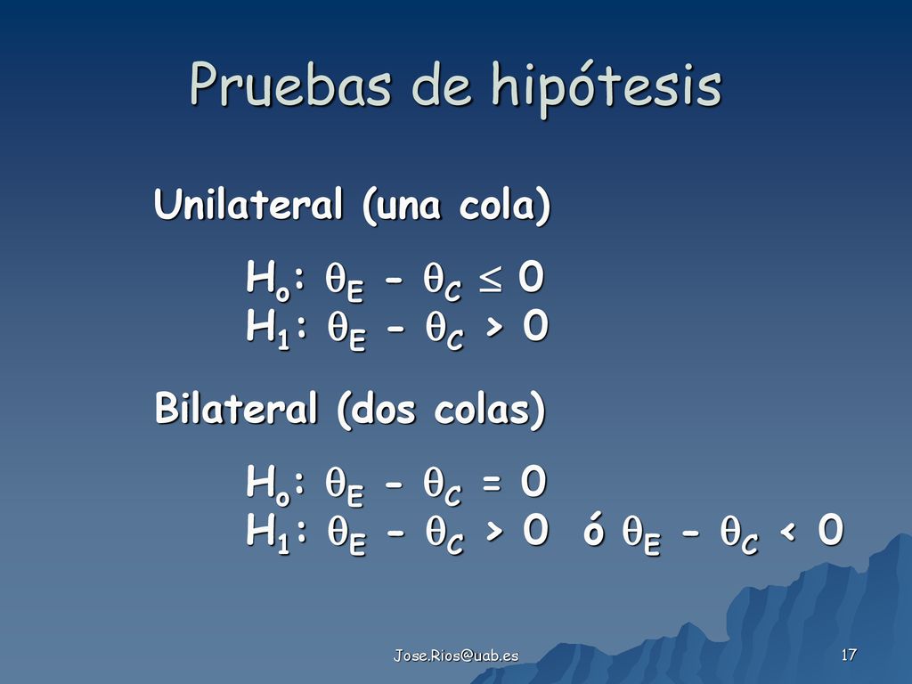 Pruebas de hipótesis Unilateral (una cola) Ho: E - C  0