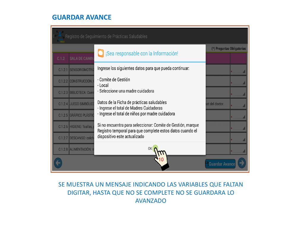 GUARDAR AVANCE SE MUESTRA UN MENSAJE INDICANDO LAS VARIABLES QUE FALTAN DIGITAR, HASTA QUE NO SE COMPLETE NO SE GUARDARA LO AVANZADO.