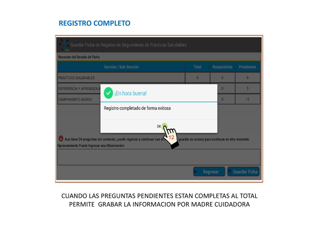 REGISTRO COMPLETO CUANDO LAS PREGUNTAS PENDIENTES ESTAN COMPLETAS AL TOTAL PERMITE GRABAR LA INFORMACION POR MADRE CUIDADORA.