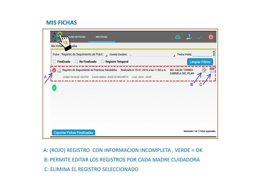 MIS FICHAS A: (ROJO) REGISTRO CON INFORMACION INCOMPLETA , VERDE = OK