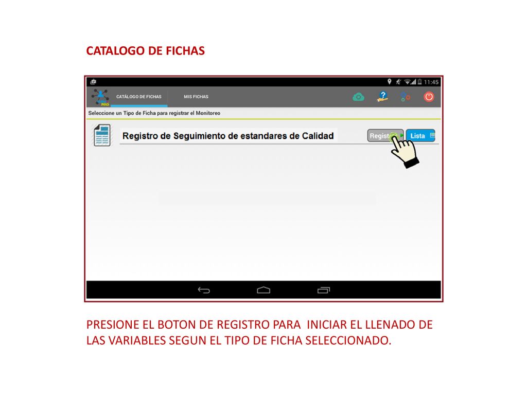 CATALOGO DE FICHAS PRESIONE EL BOTON DE REGISTRO PARA INICIAR EL LLENADO DE LAS VARIABLES SEGUN EL TIPO DE FICHA SELECCIONADO.