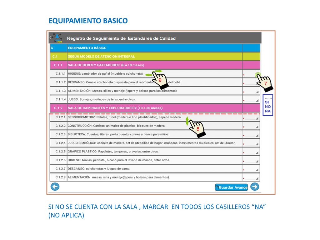 EQUIPAMIENTO BASICO SI NO SE CUENTA CON LA SALA , MARCAR EN TODOS LOS CASILLEROS NA (NO APLICA)